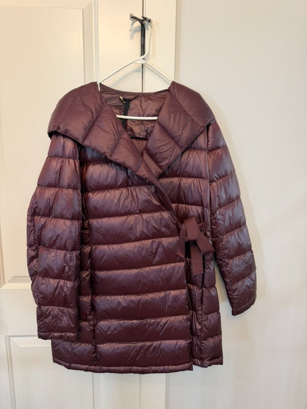 Donna Karan New York Packable Wrap Puffer Coat XL | Burgundy Tie Waist